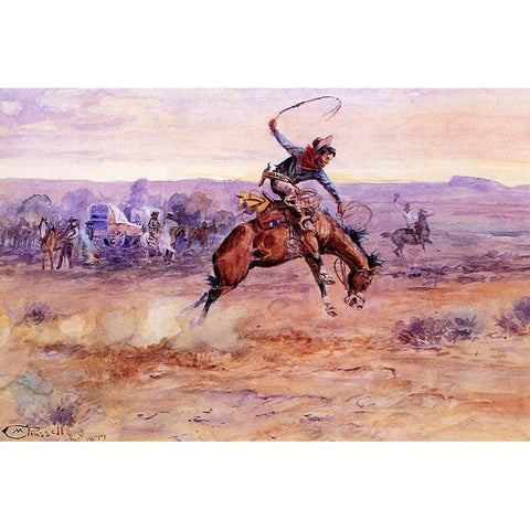 Bucking Bronco White Modern Wood Framed Art Print by Russell, Charles Marion