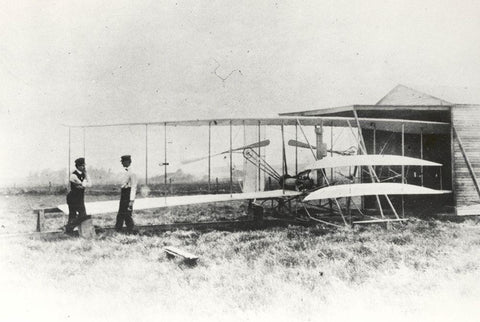 Wilber and Orville Wright with Flyer II at Huffman Prairie White Modern Wood Framed Art Print with Double Matting by NASA