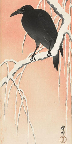 Crow on snowy branch White Modern Wood Framed Art Print with Double Matting by Koson, Ohara