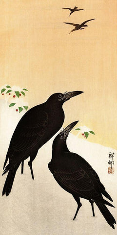 Crows in snow White Modern Wood Framed Art Print with Double Matting by Koson, Ohara