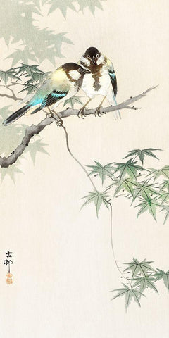 Great tits on maple branch Black Ornate Wood Framed Art Print with Double Matting by Koson, Ohara
