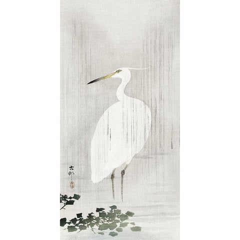 Egret in rain Gold Ornate Wood Framed Art Print with Double Matting by Koson, Ohara