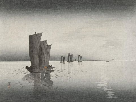 Fishing boats at dusk Black Ornate Wood Framed Art Print with Double Matting by Koson, Ohara