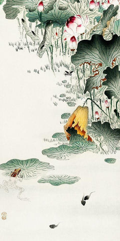 Frog and tadpoles Black Ornate Wood Framed Art Print with Double Matting by Koson, Ohara