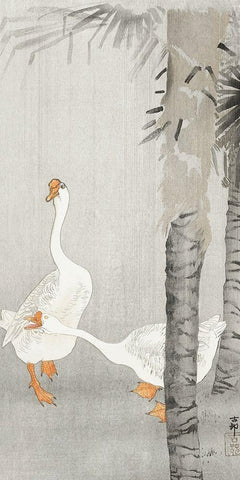 Tame geese in rain Black Ornate Wood Framed Art Print with Double Matting by Koson, Ohara