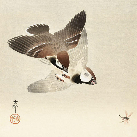 Ring sparrows and insect Gold Ornate Wood Framed Art Print with Double Matting by Koson, Ohara