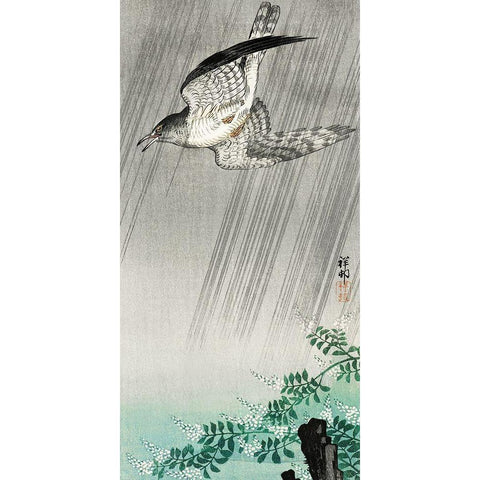 Cuckoo in storm Gold Ornate Wood Framed Art Print with Double Matting by Koson, Ohara