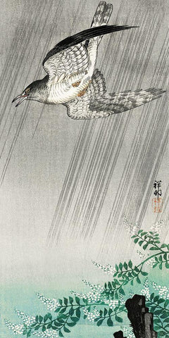 Cuckoo in storm Black Ornate Wood Framed Art Print with Double Matting by Koson, Ohara