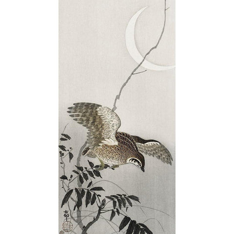 Quail at moon sickle  Gold Ornate Wood Framed Art Print with Double Matting by Koson, Ohara