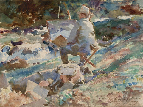 An Artist at His Easel White Modern Wood Framed Art Print with Double Matting by Sargent, John Singer