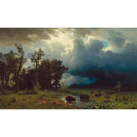 Buffalo Trail: The Impending Storm Black Modern Wood Framed Art Print by Bierstadt, Albert