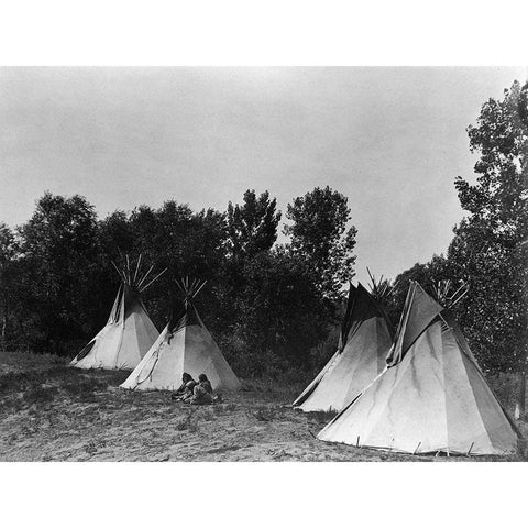 An Assiniboin camp containing four tepees with Indians seated on ground Black Modern Wood Framed Art Print with Double Matting by Curtis, Edward