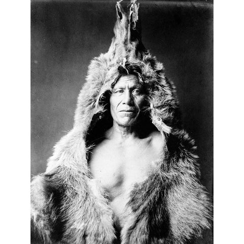 Bears Belly, Arikara Indian, wearing bearskin White Modern Wood Framed Art Print by Curtis, Edward