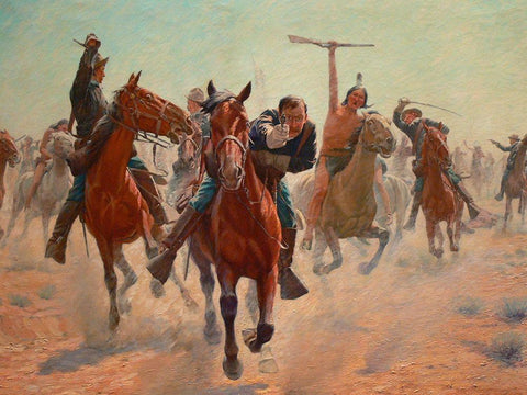 Gilcrease, Breaking through the line White Modern Wood Framed Art Print with Double Matting by Schreyvogel, Charles