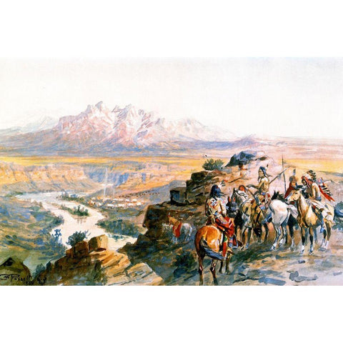 Planning the Attack on the Wagon Train Black Modern Wood Framed Art Print by Russell, Charles Marion
