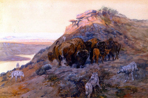 Buffalo Herd at Bay Black Ornate Wood Framed Art Print with Double Matting by Russell, Charles Marion