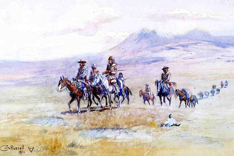 Coming across the Plain White Modern Wood Framed Art Print with Double Matting by Russell, Charles Marion