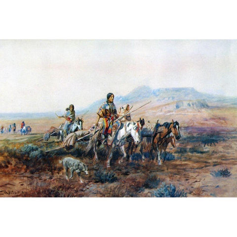 When the Trail Was Long Between Camps Black Modern Wood Framed Art Print with Double Matting by Russell, Charles Marion