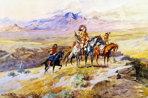 Indians Scouting a Wagon Train White Modern Wood Framed Art Print with Double Matting by Russell, Charles Marion