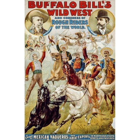 A Group of Mexican Vaqueros and Lariat Experts Black Modern Wood Framed Art Print with Double Matting by Buffalo Bills Wild West Show Poster