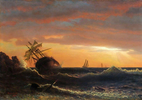Beached Ship White Modern Wood Framed Art Print with Double Matting by Bierstadt, Albert