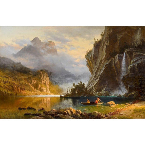 Indians Spear Fishing Black Modern Wood Framed Art Print by Bierstadt, Albert