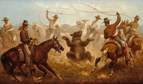 Cowboys Roping a Bear Black Ornate Wood Framed Art Print with Double Matting by Walker, James