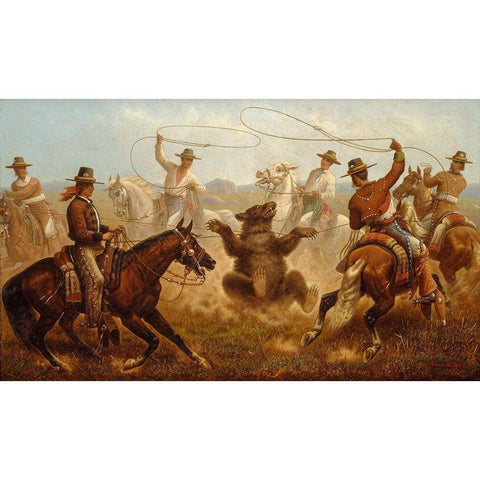 Cowboys Roping a Bear Black Modern Wood Framed Art Print by Walker, James