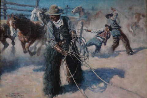 Roping Horses in the Corral Black Ornate Wood Framed Art Print with Double Matting by Wyeth, N.C.