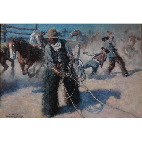 Roping Horses in the Corral White Modern Wood Framed Art Print by Wyeth, N.C.
