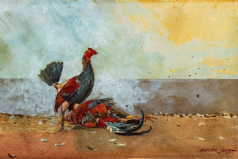 The Cock Fight White Modern Wood Framed Art Print with Double Matting by Homer, Winslow