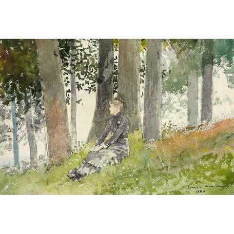 Girl Seated in a Grove Gold Ornate Wood Framed Art Print with Double Matting by Homer, Winslow