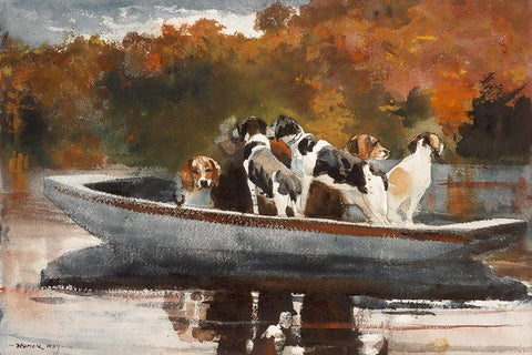 Hunting Dogs in Boat White Modern Wood Framed Art Print with Double Matting by Homer, Winslow