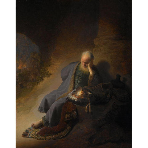 Jeremiah Lamenting the Destruction of Jerusalem Black Modern Wood Framed Art Print with Double Matting by Rembrandt