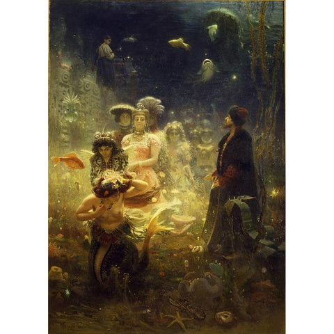 Sadko in the Underwater Kingdom White Modern Wood Framed Art Print by Repin, Ilya