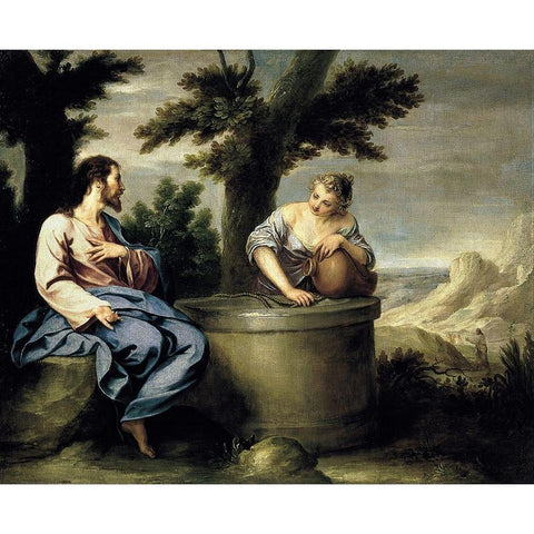 Cristo y la Samaritana Black Modern Wood Framed Art Print with Double Matting by Cano, Alonso