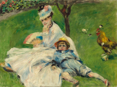 Madame Monet and Her Son White Modern Wood Framed Art Print with Double Matting by Renoir, Pierre-Auguste