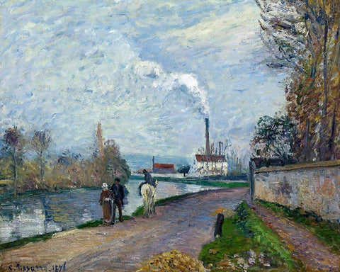 The Oise near Pontoise in Grey Weather White Modern Wood Framed Art Print with Double Matting by Pissarro, Camille