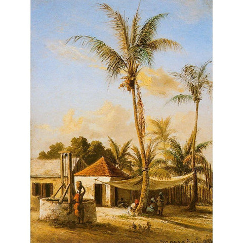 Figures Resting by a Village Well Black Modern Wood Framed Art Print with Double Matting by Pissarro, Camille
