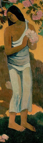 Tahitian Woman With Blossom White Modern Wood Framed Art Print with Double Matting by Gauguin, Paul