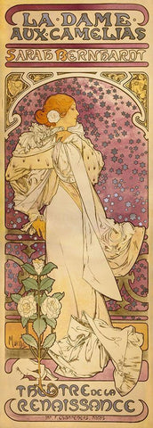 La Dame aux Camelias - Sarah Bernhardt White Modern Wood Framed Art Print with Double Matting by Mucha, Alphonse