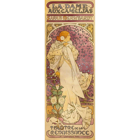 La Dame aux Camelias - Sarah Bernhardt Black Modern Wood Framed Art Print with Double Matting by Mucha, Alphonse