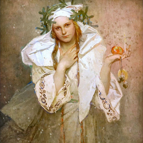 Christmas in America Black Modern Wood Framed Art Print with Double Matting by Mucha, Alphonse