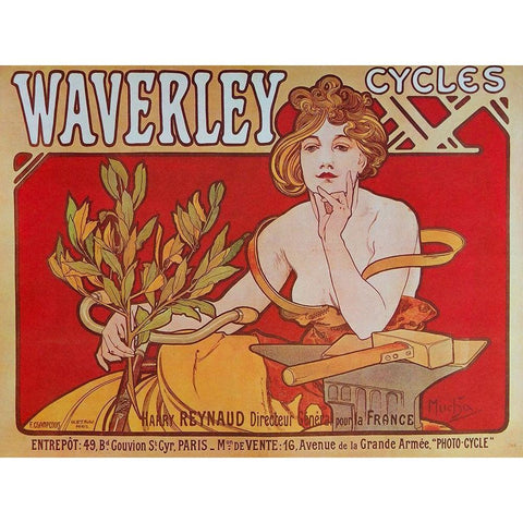 Cycles Waverley White Modern Wood Framed Art Print by Mucha, Alphonse