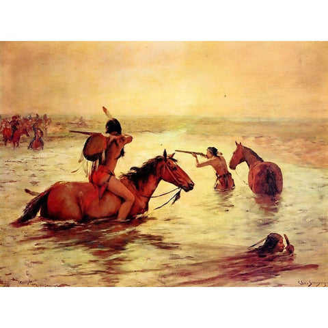 In Retreat Across a Stream Black Modern Wood Framed Art Print with Double Matting by Shreyvogel, Charles