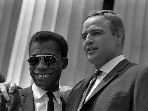 Author James Baldwin and actor Marlon Brando White Modern Wood Framed Art Print with Double Matting by U.S. Archives