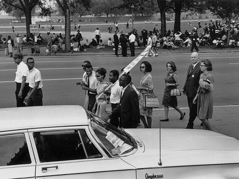 Civil Rights March on Washington-D.C. Marchers walking and sitting under the trees White Modern Wood Framed Art Print with Double Matting by U.S. Archives