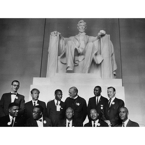 Civil Rights March on Washington-D.C. Leaders of the march in front of the statue of Abraham Lincoln Gold Ornate Wood Framed Art Print with Double Matting by U.S. Archives
