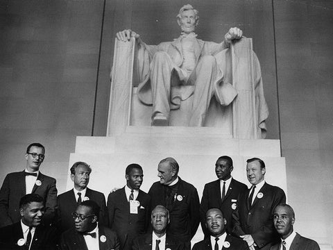 Civil Rights March on Washington-D.C. Leaders of the march in front of the statue of Abraham Lincoln White Modern Wood Framed Art Print with Double Matting by U.S. Archives