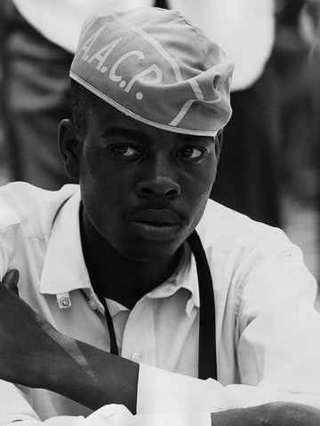 Civil Rights March on Washington-D.C. Man Wearing AACP Hat White Modern Wood Framed Art Print with Double Matting by U.S. Archives